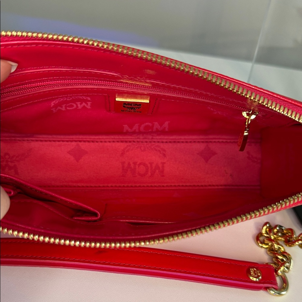 MCM Vintage Red Leather Shoulder Bag with Gold toned Chain - Picture 12 of 16